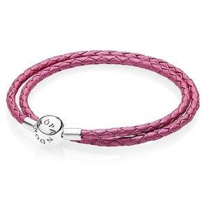 Pandora Double Wrap Dark Pink Leather Bracelet Sterling Silver Clasp 13:5 inches